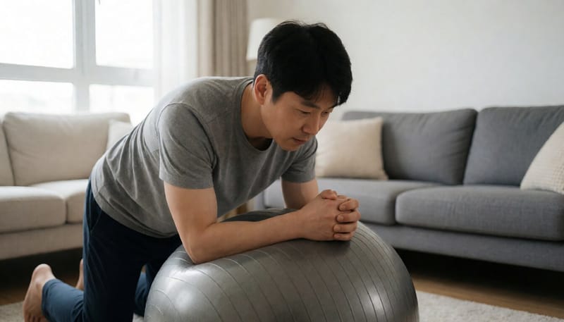 짐볼에 팔꿈치를 올리고 플랭크 자세를 취하는 남성