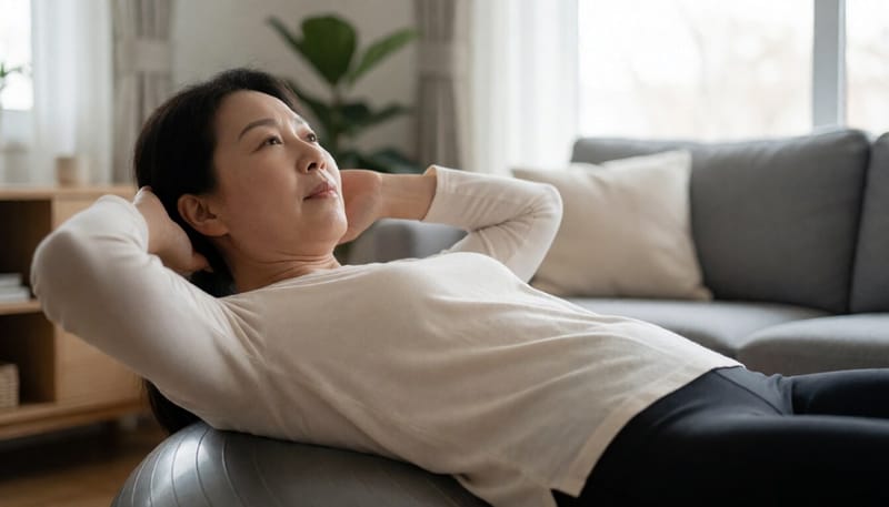 짐볼 위에 누워 상체를 들어 올리는 여성