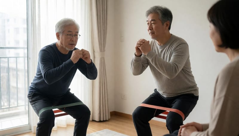 탄력밴드를 이용해 스쿼트 동작을 하는 중년 남성