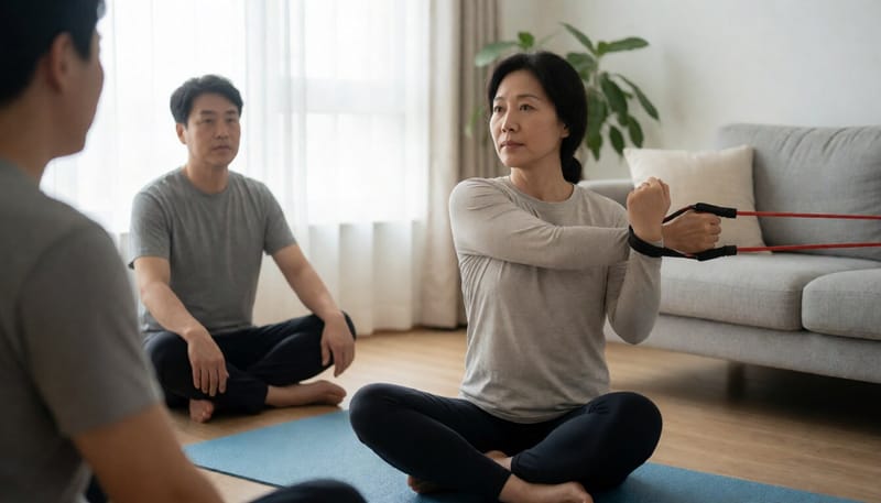 운동 전 어깨 스트레칭을 하는 여성