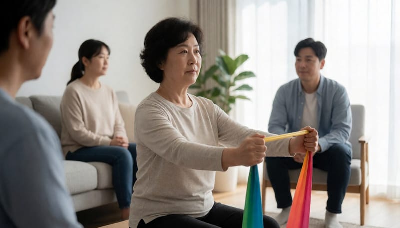 거실에서 탄력밴드로 저항운동을 하는 중년 여성