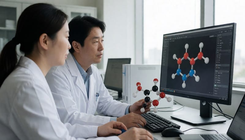 제약 연구원들이 컴퓨터 화면으로 신약 후보물질의 분자 구조를 분석하는 모습