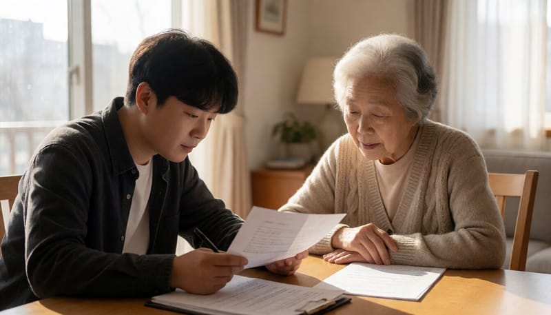 장기요양 서비스 관련 서류를 확인하는 가족의 모습