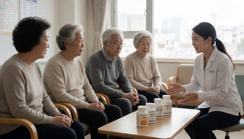 어르신들이 무료 체험방에서 건강식품을 살펴보는 모습