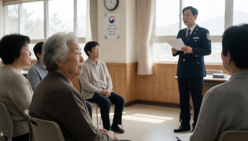 어르신들이 강당에 모여 식의약 안전교육을 듣고 있는 모습