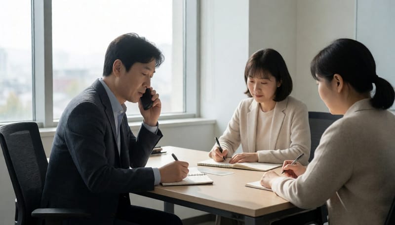 비공개 상담실에서 전화 상담을 하는 직장인