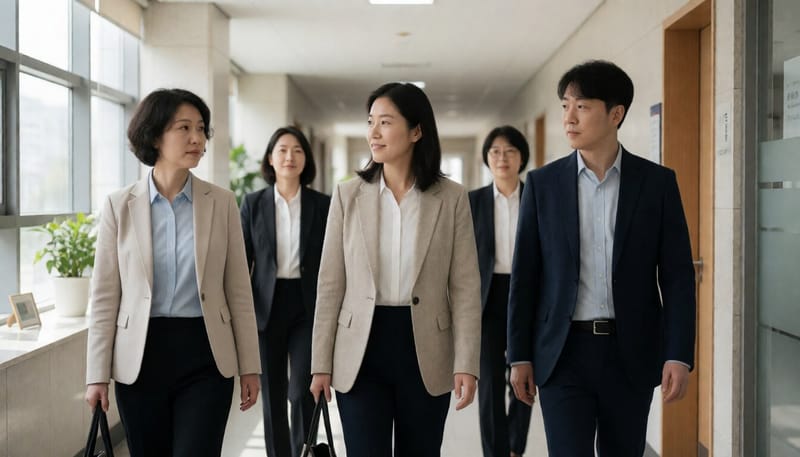 밝은 분위기의 사무실 복도를 걷는 직장인들