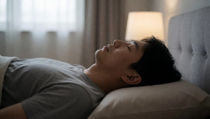 낮은 베개를 베고 자며 목이 뒤로 젖혀진 남성의 옆모습