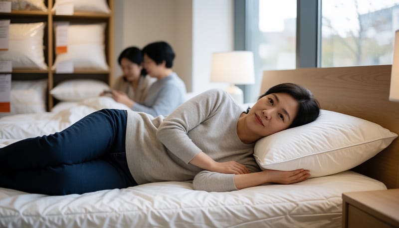 베개 높이를 확인하며 목의 편안함을 살펴보는 여성의 모습