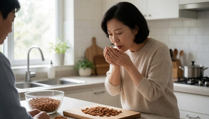 견과류 냄새를 확인하는 여성