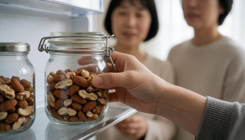 밀폐 용기에 담긴 견과류를 냉장고에 보관하는 모습