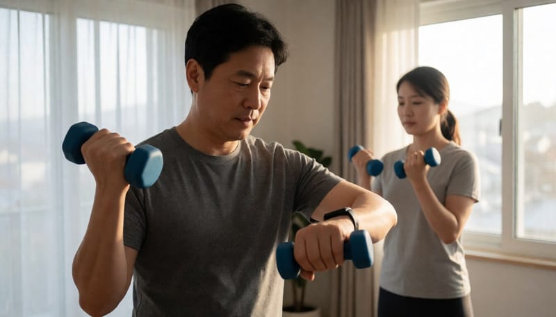 체력 측정기를 확인하며 운동하는 남성의 모습