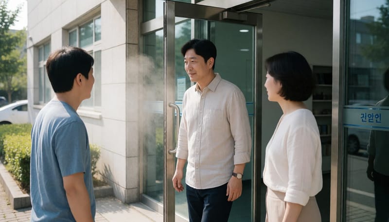 냉방 실내에서 나와 무더운 야외로 나서는 남성의 모습