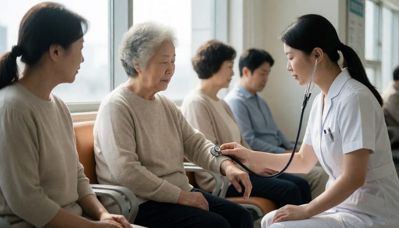 병원에서 맥박과 심장 상태를 확인받는 고령 환자