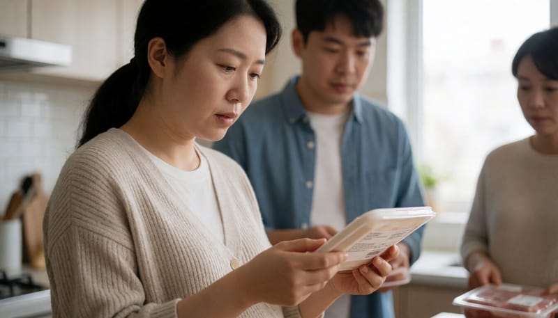 임산부가 냉장고 앞에서 가공육 제품을 살펴보는 모습