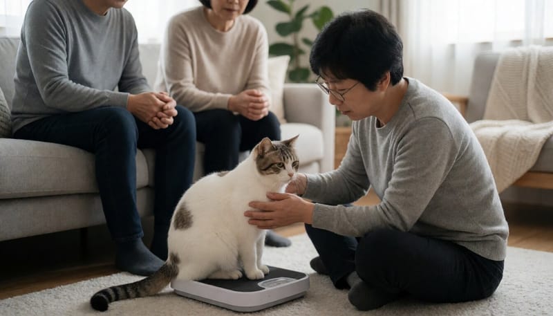 체중계 위에서 몸 상태를 확인받는 노령 고양이