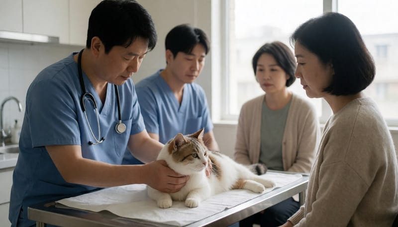 동물병원에서 혈액검사를 받는 노령 고양이