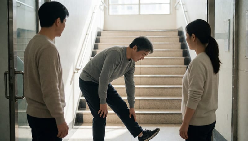 계단 운동 전 스트레칭하는 한국인 남성