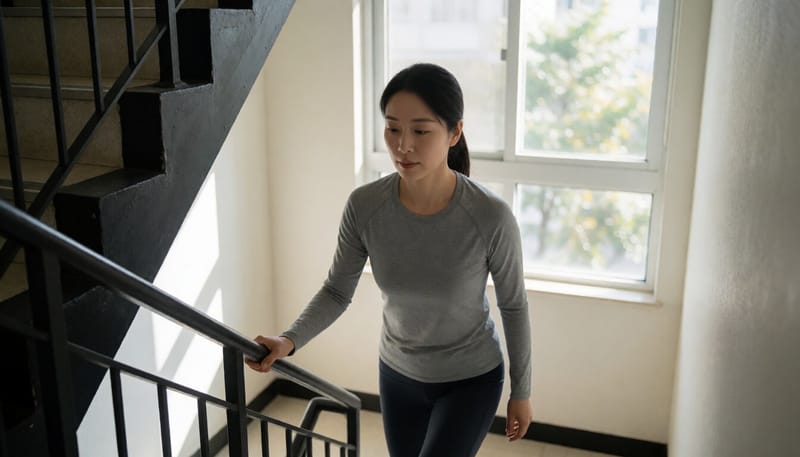 실내 계단을 오르며 운동하는 한국인 여성의 모습