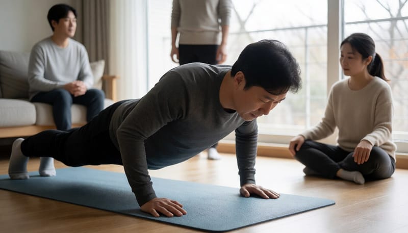 집에서 맨몸 저항운동을 하는 남성