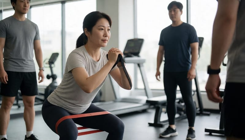체육관에서 저항밴드를 이용해 스쿼트 운동을 하는 여성