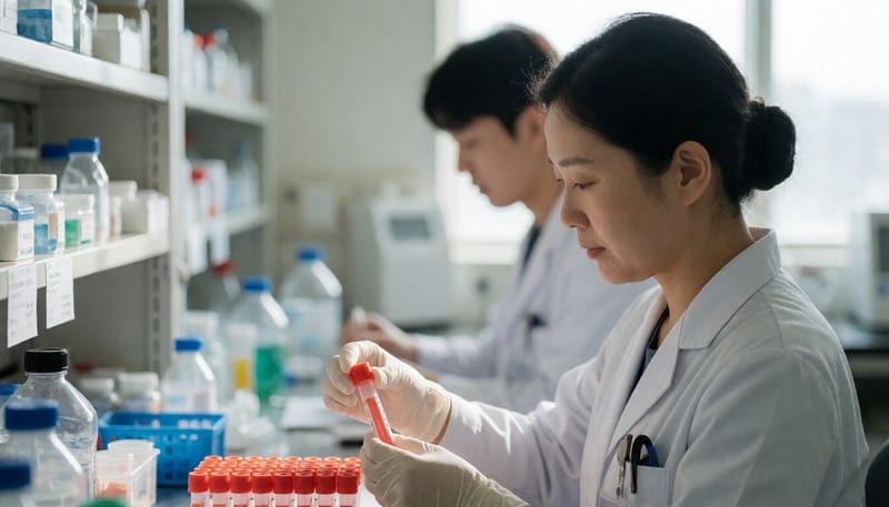 멸균 장갑을 끼고 검체를 다루는 의료진의 모습