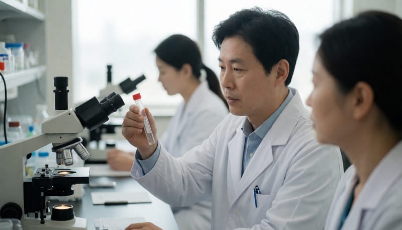 병원 실험실에서 미생물 샘플을 살펴보는 연구진의 모습