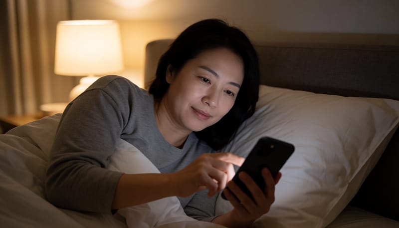 야간에 침대에서 스마트폰 애플리케이션을 확인하는 여성의 모습