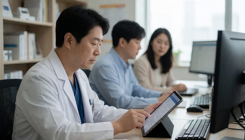 병원 연구실에서 태블릿으로 임상 자료를 검토하는 연구자