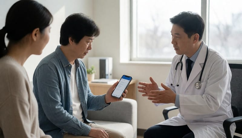 환자가 진료실에서 의료진과 함께 스마트폰 애플리케이션을 살펴보는 모습