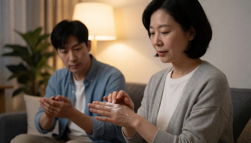 저녁에 손에 두툼한 핸드크림을 바르는 모습
