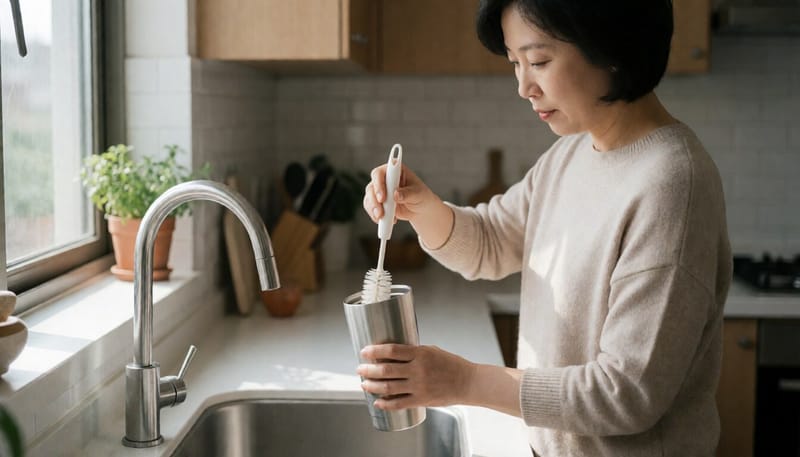 텀블러 내부를 솔로 세척하는 모습