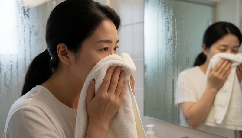 욕실에서 수건 냄새를 확인하는 여성의 모습