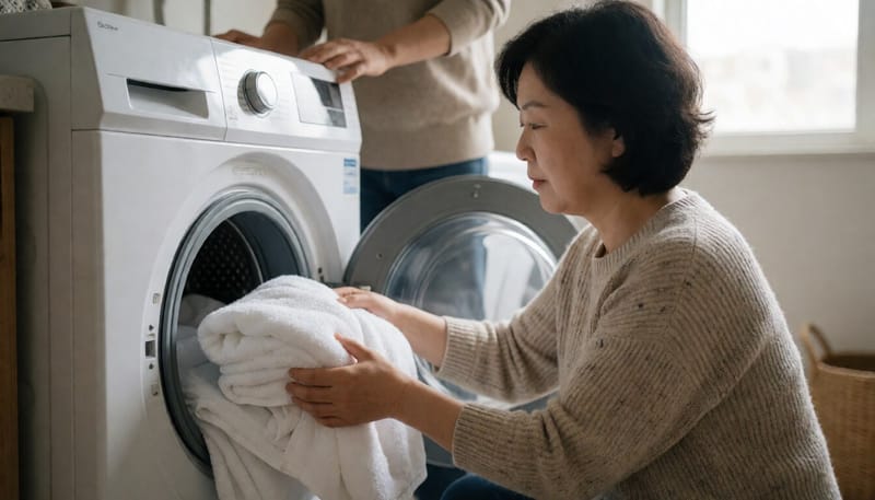 세탁기에 수건을 넣고 있는 여성의 모습