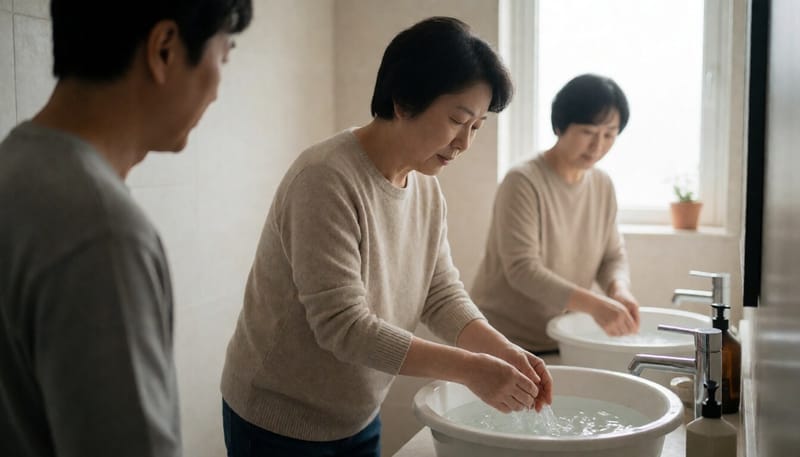 가정 욕실에서 좌욕을 준비하는 모습