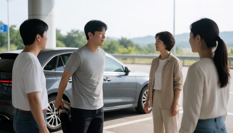 고속도로 휴게소에서 몸을 스트레칭하는 남성
