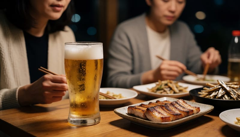 맥주와 기름진 안주가 놓인 술자리 테이블