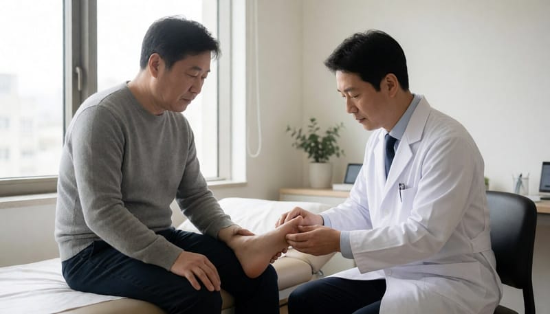 병원에서 발가락 관절을 진찰받는 남성 환자