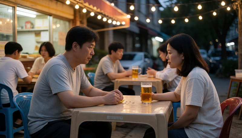 여름밤 야외 술자리에서 발을 만지며 통증을 느끼는 남성