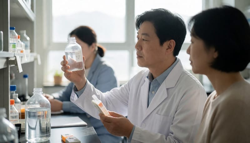 실험실에서 생수 시료를 검사하는 연구원