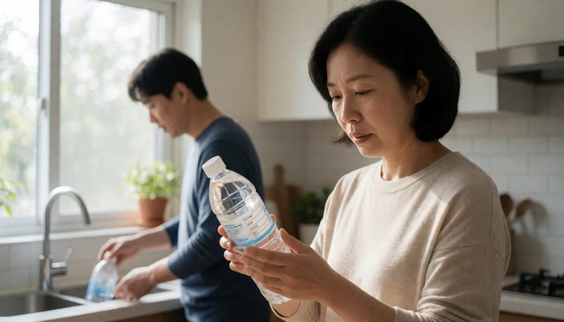생수병 라벨을 꼼꼼히 확인하는 여성