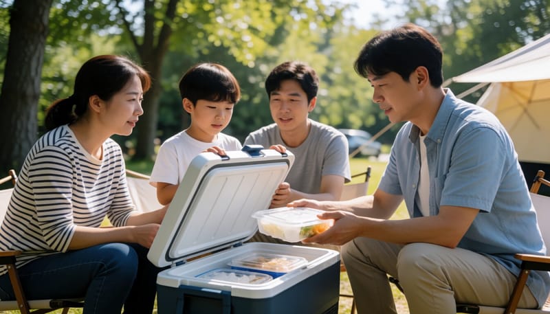 캠핑장에서 아이스박스에 담긴 얼음과 식재료를 확인하는 모습