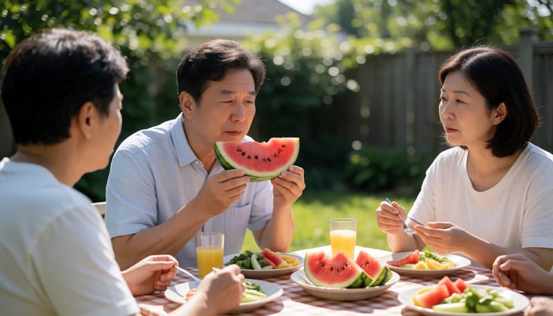 야외 피크닉 테이블에서 수박을 먹는 중년 남성