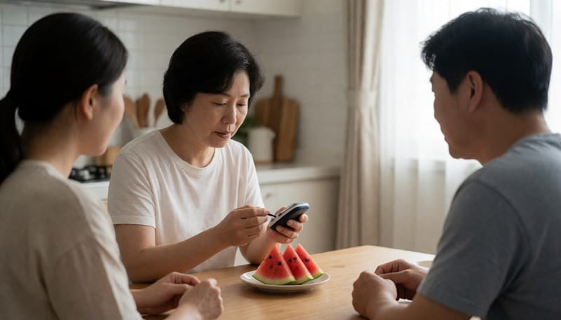 과일 섭취 후 혈당을 측정하는 여성의 모습