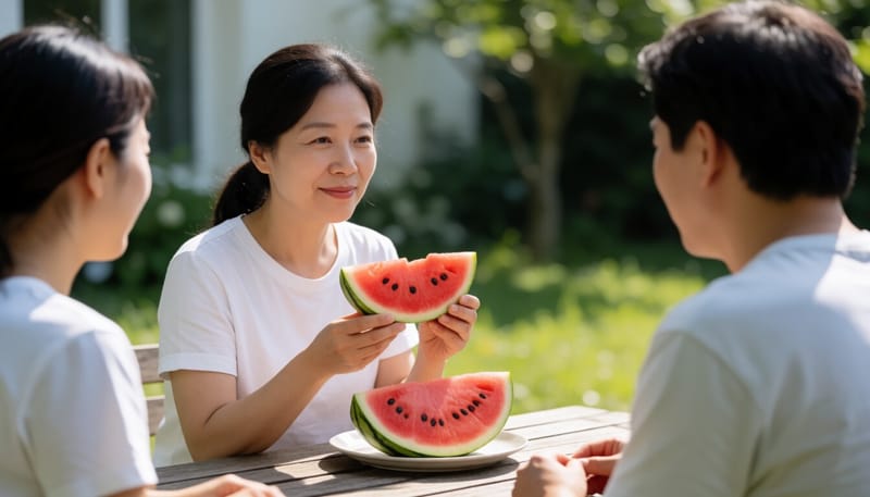 여름철 야외 테이블에서 수박 조각을 들고 있는 여성의 모습