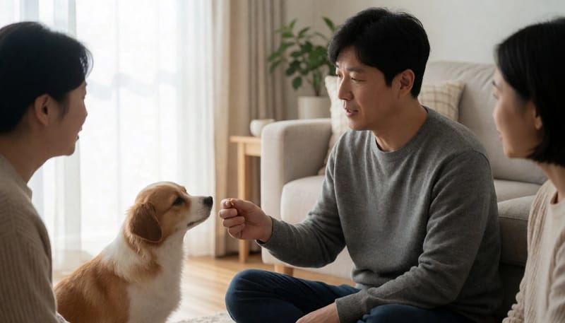 떨고 있는 강아지 옆에서 차분히 간식을 건네는 보호자