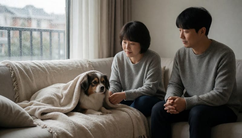 비 오는 창가 소파 담요 밑에 몸을 숨긴 강아지