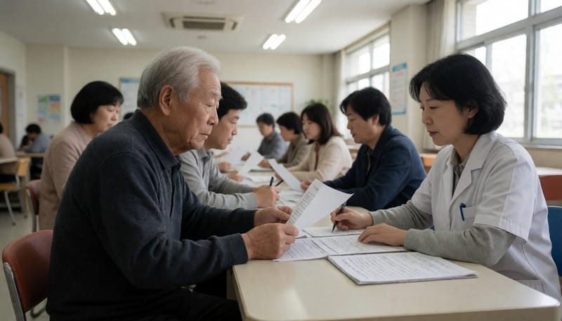 주민센터에서 복지 담당자와 상담하는 한국인 노인