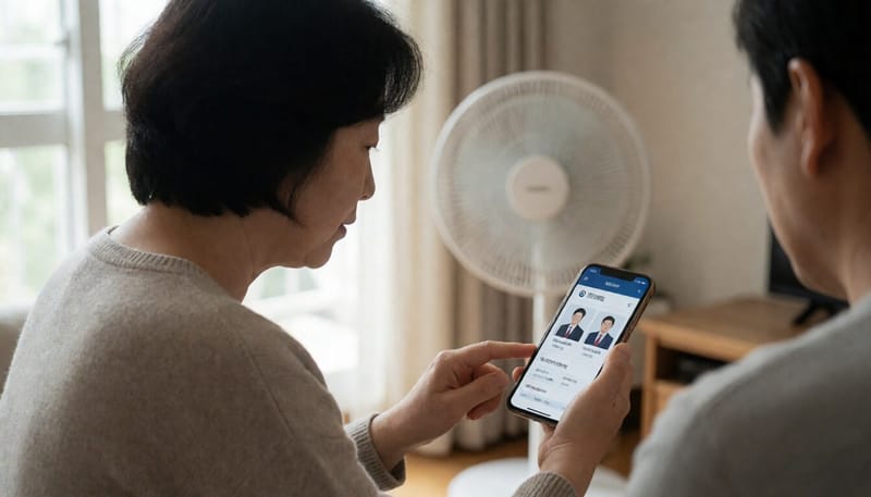 스마트폰으로 복지 정보를 확인하는 한국인 여성