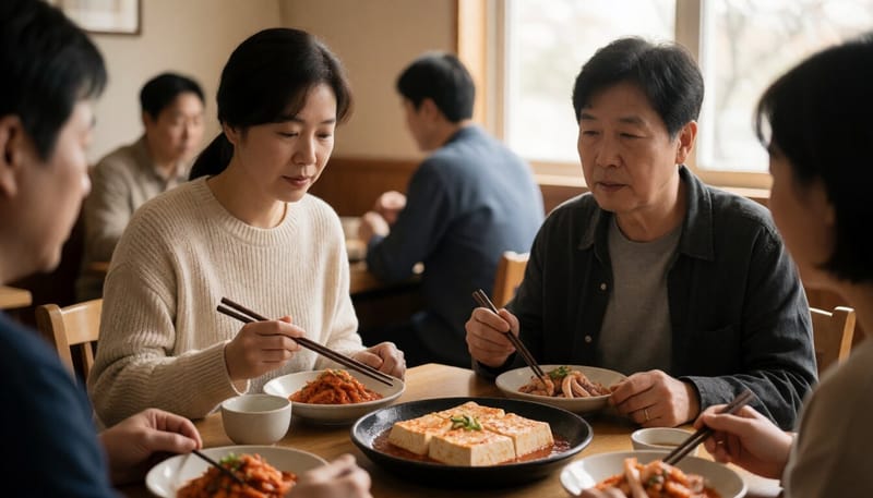 두부김치와 데친 안주를 골라 먹는 여성의 모습